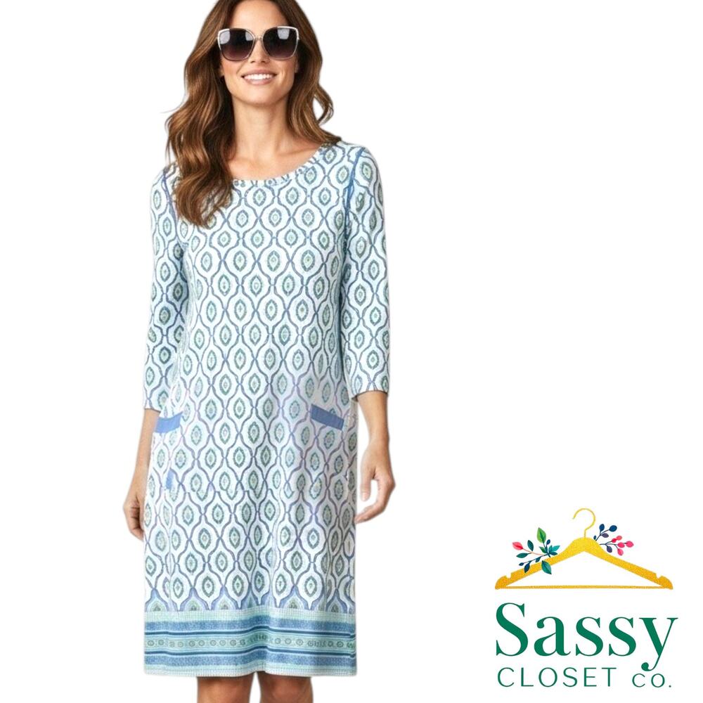 Cabana Life Blue Mosaic UPF 50 Dress Large 3/4 Sleeve Shift Sun Protection